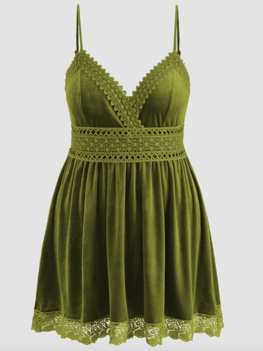 Cider - NWOT, Olive Green Velvet V-Neck Mini Dress with Lace Trim, Size 2XL